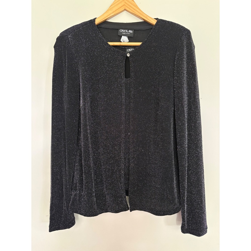 Onyx Nite Womens 2 Piece Shimmer Sparkle‎ Top Set Cardigan Tank Black Silver S